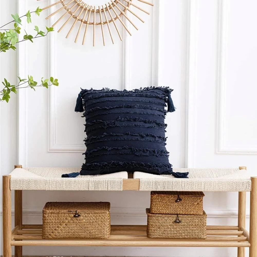 Luxury Home | Navy Blue Striped Frayed Jaquard Corner Tassel Throw Pillow Covers